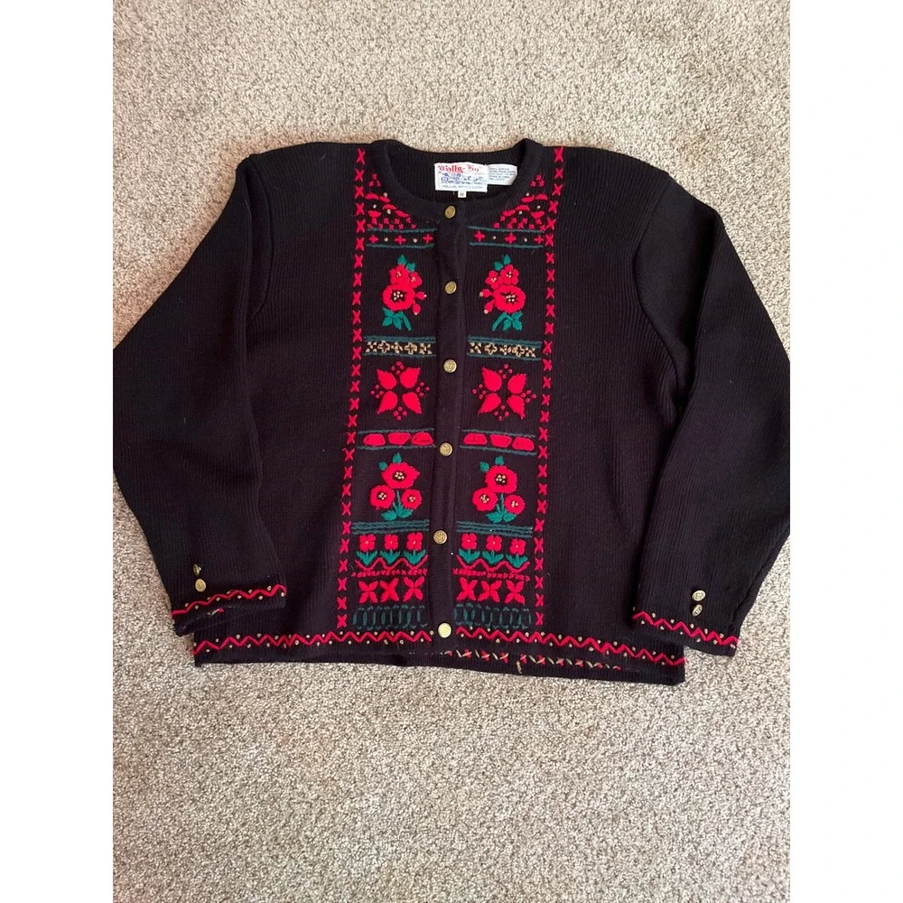 Tally-Ho Women Cardigan Sweater XL Black Embroidered Floral Button Front Vintage
